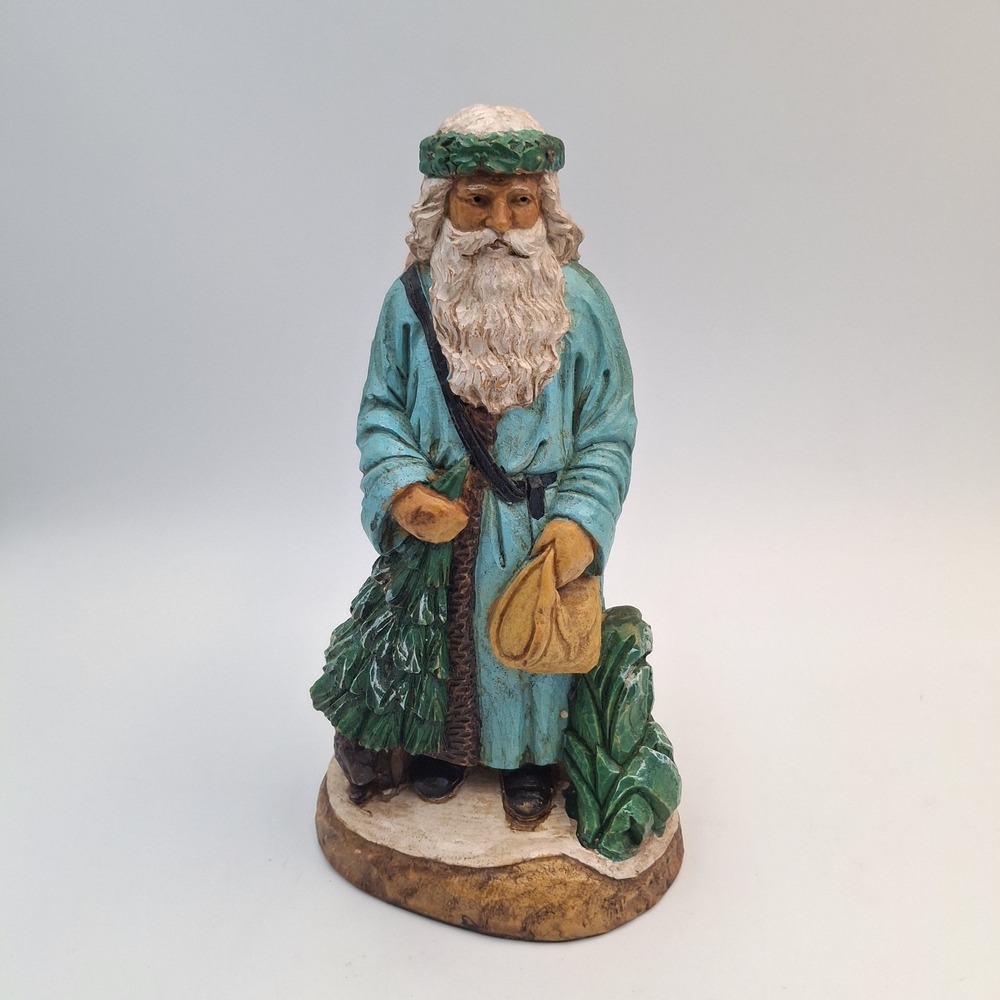 Vintage Old World Santa Claus Figurine Blue Robe Holly Wreath Evergreen Bag 7.5"